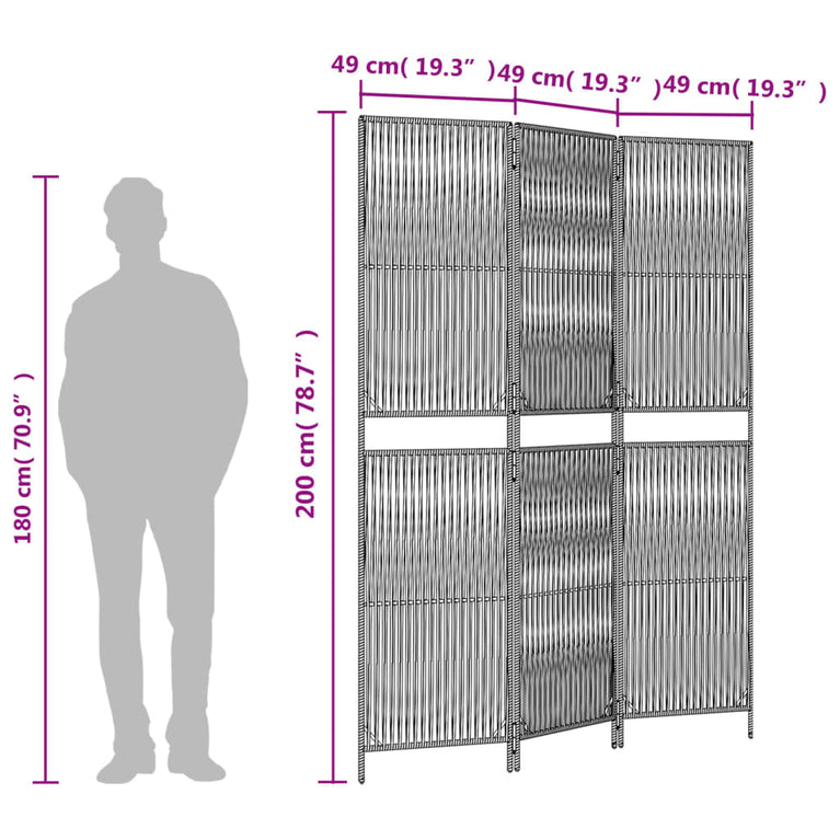 Kamerscherm 3 panelen poly rattan grijs