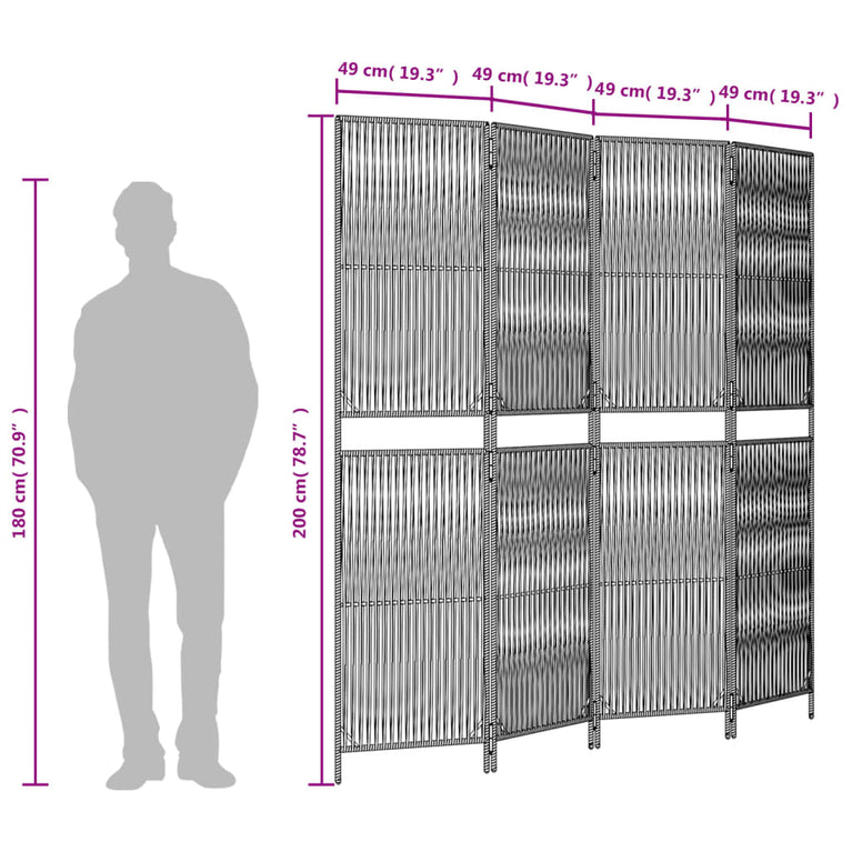 Kamerscherm 4 panelen poly rattan bruin