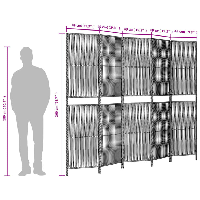Kamerscherm 5 panelen poly rattan zwart