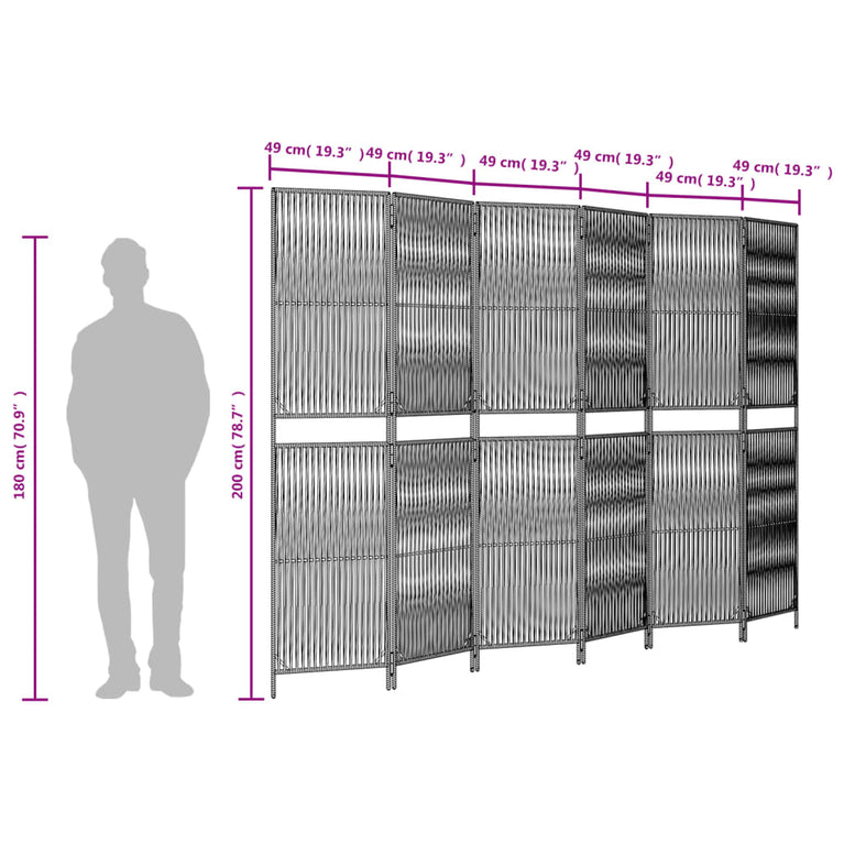 Kamerscherm 6 panelen poly rattan bruin