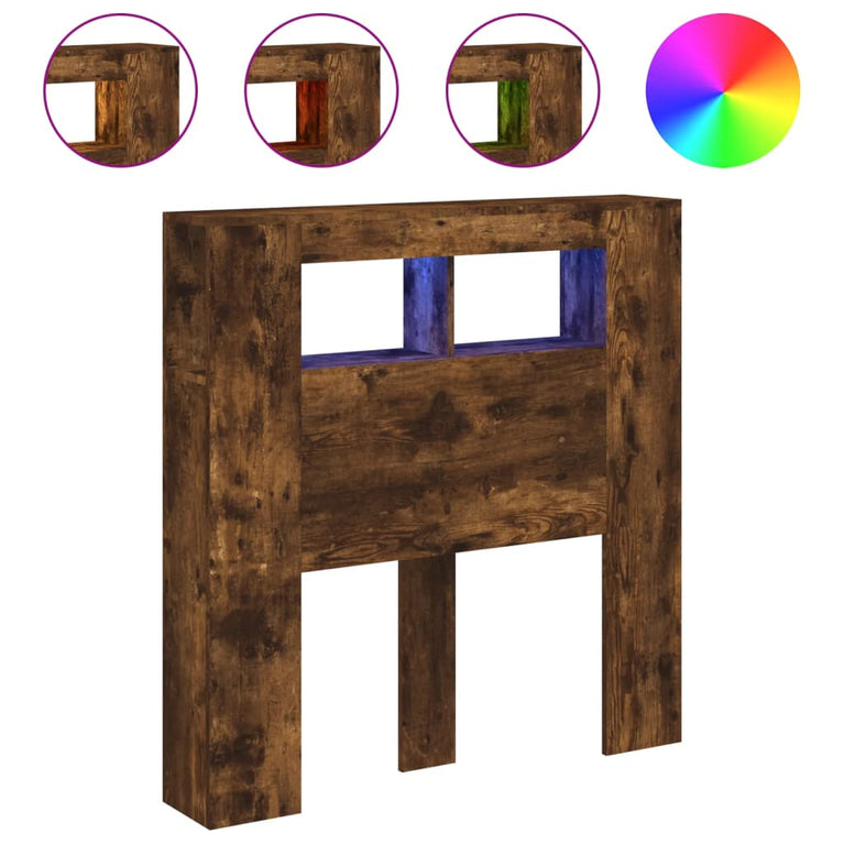 Hoofdeinde met LED 100x18,5x103,5 cm bewerkt hout gerookt eiken
