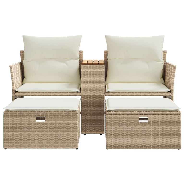 Tuinbank 2-zits met voetenbanken poly rattan beige