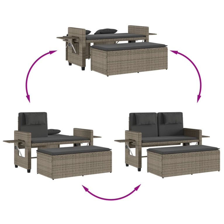Tuinbankje verstelbaar met kussens poly rattan grijs