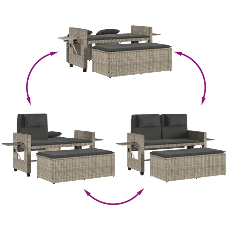 Tuinbankje verstelbaar met kussens poly rattan lichtgrijs