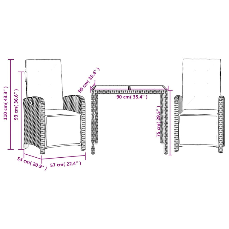 3-delige Bistroset met kussens poly rattan zwart