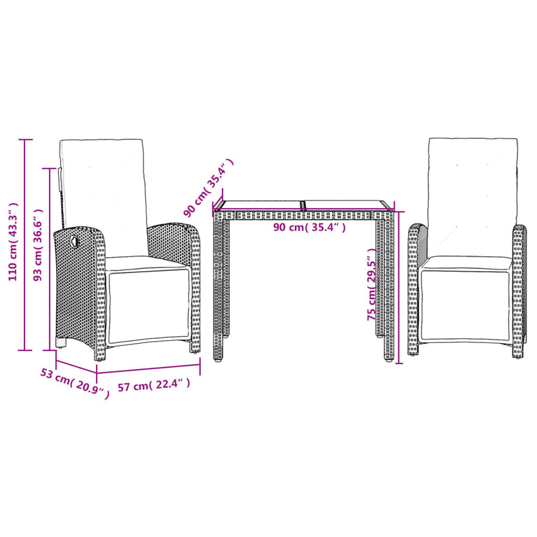 3-delige Bistroset met kussens poly rattan zwart