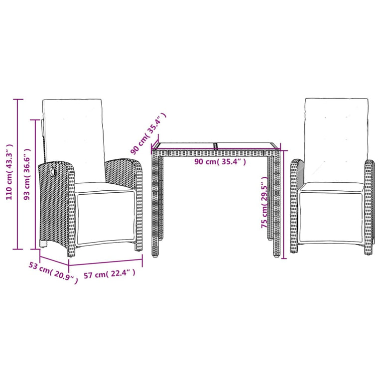 3-delige Bistroset met kussens poly rattan grijs