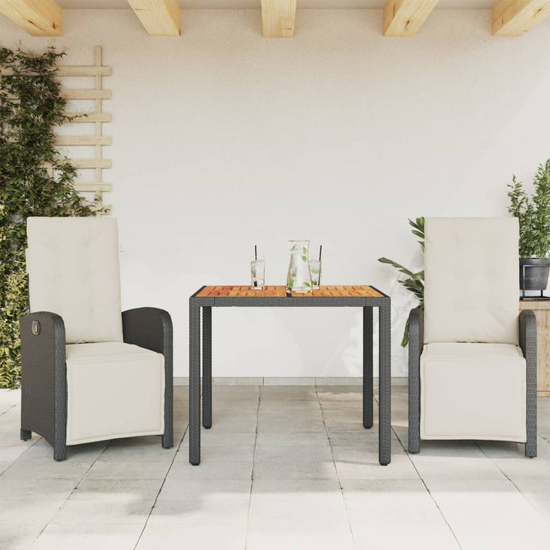 3-delige Bistroset met kussens poly rattan zwart