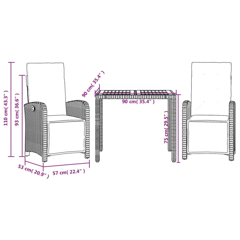 3-delige Bistroset met kussens poly rattan zwart