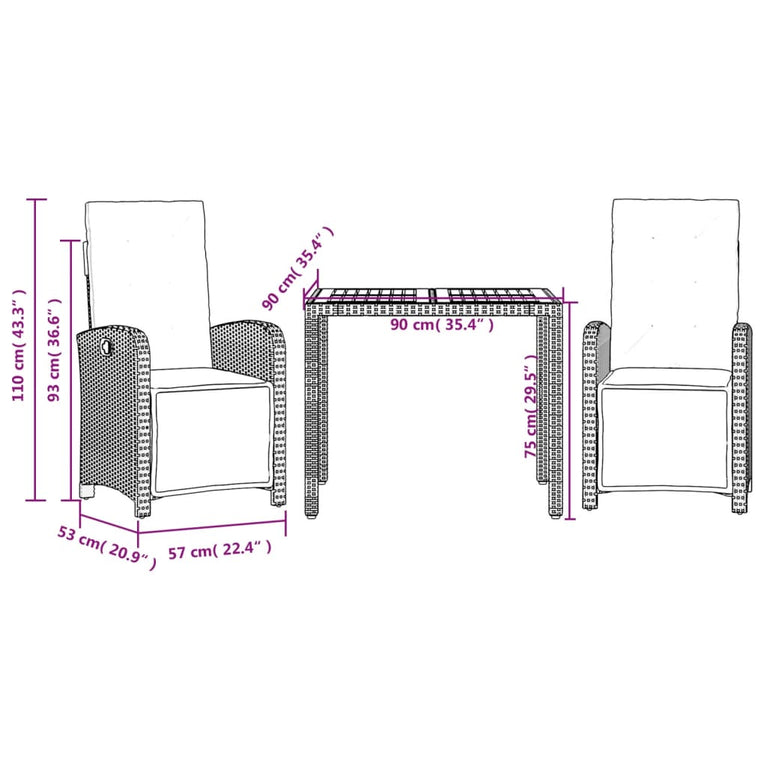 3-delige Bistroset met kussens poly rattan grijs