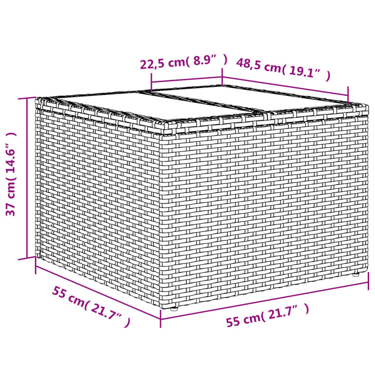 Tuintafel met glazen blad 55x55x37 cm poly rattan zwart