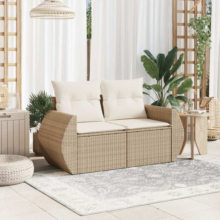Tuinbank 2-zits met kussens poly rattan beige