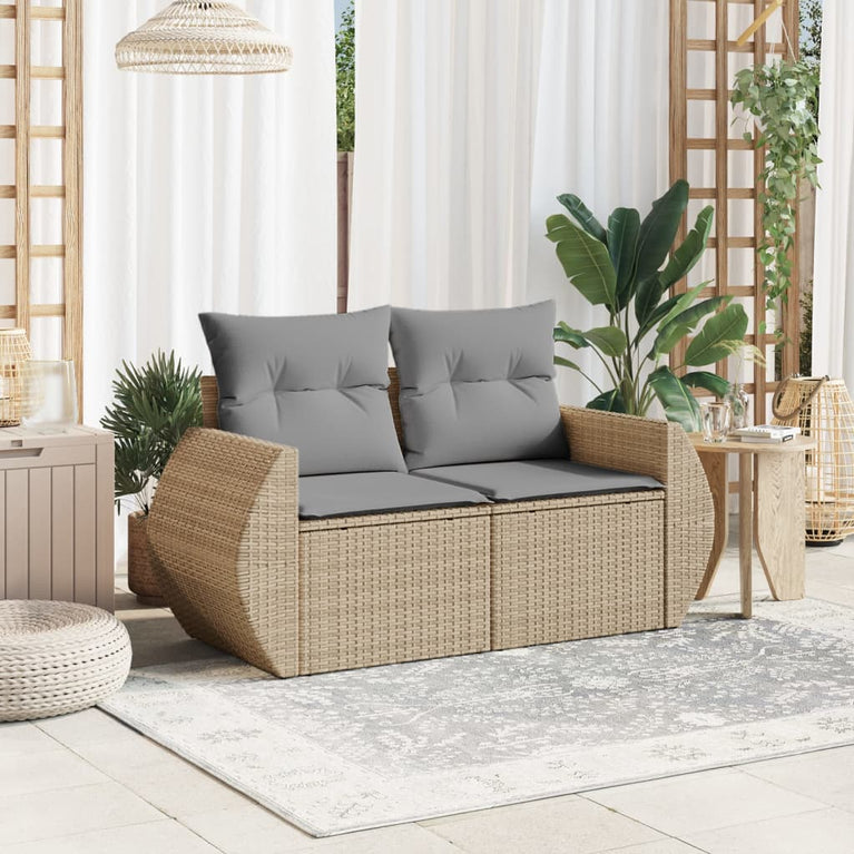 Tuinbank 2-zits met kussens poly rattan beige