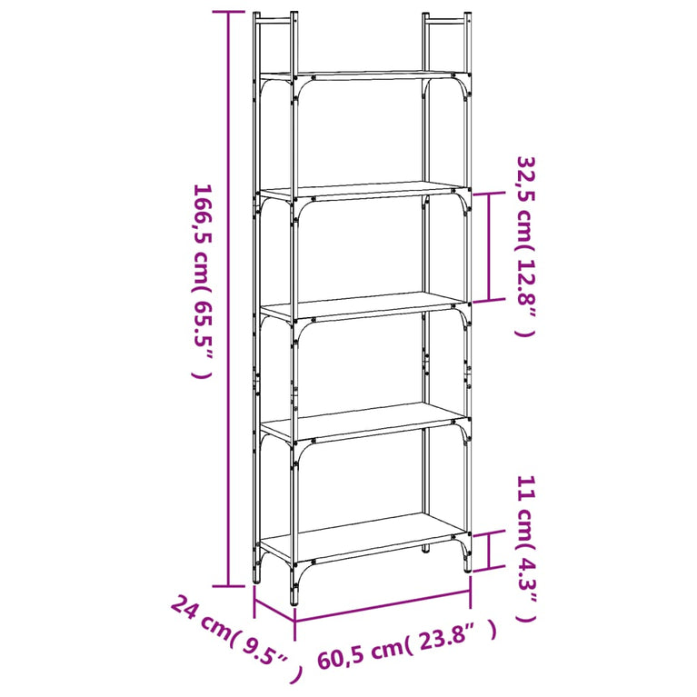 Boekenkast 5-laags 60,5x24x166,5 cm bewerkt hout bruineiken