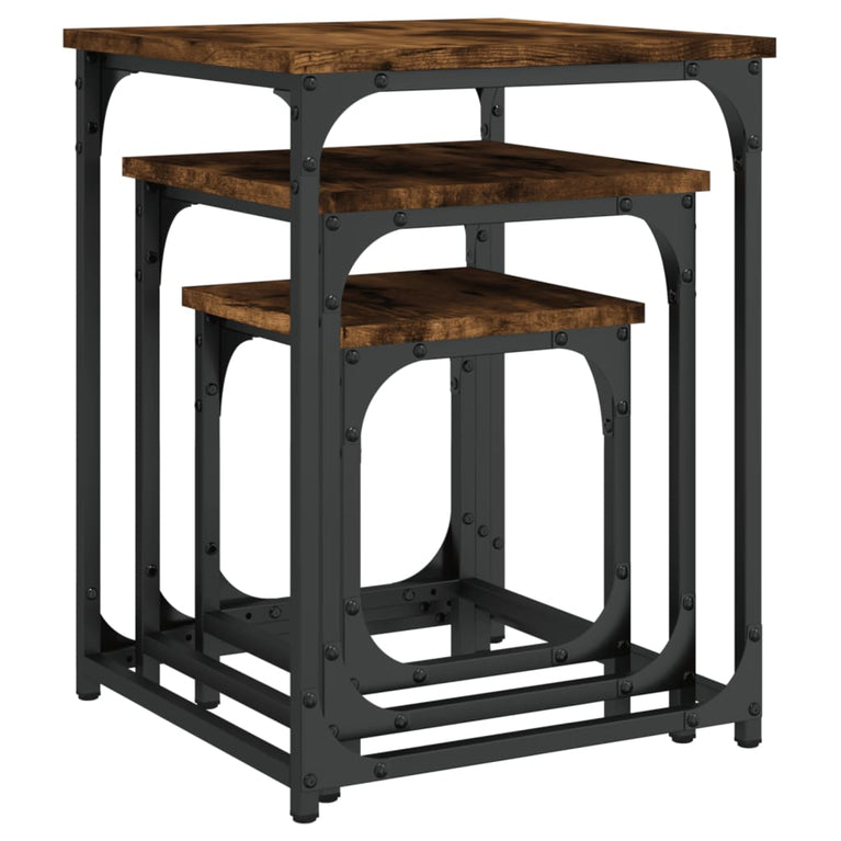 3-delige Tafeltjesset bewerkt hout gerookt eikenkleurig