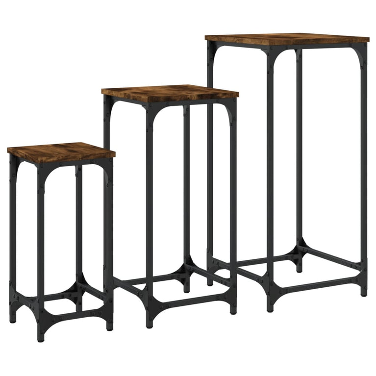 3-delige Tafeltjesset bewerkt hout gerookt eikenkleurig