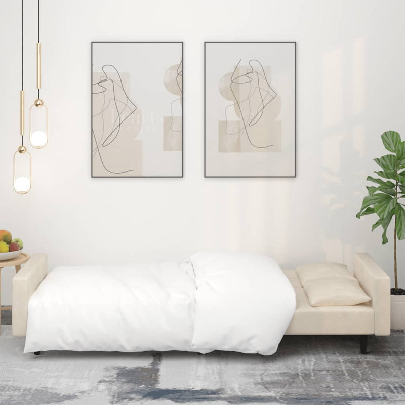 Slaapbank 2-zits met 2 kussens fluweel crèmekleurig