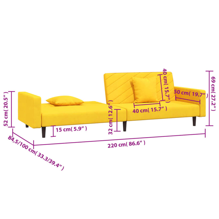 Slaapbank 2-zits met 2 kussens fluweel geel