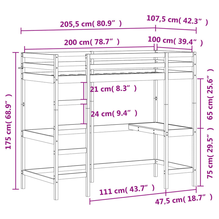 Hoogslaper met bureau massief grenenhout wasbruin 100x200 cm