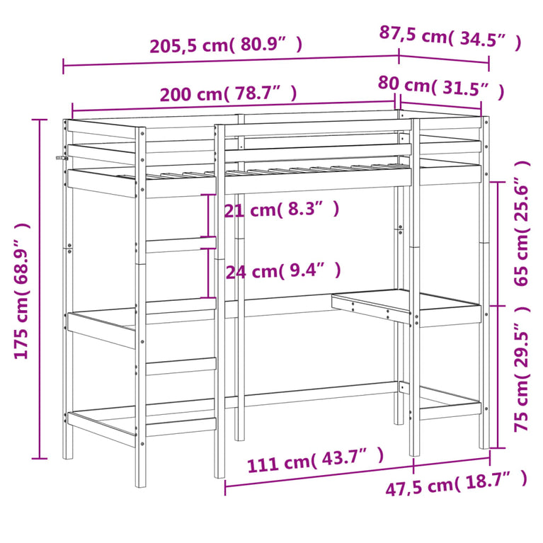 Hoogslaper met bureau massief grenenhout wasbruin 80x200 cm