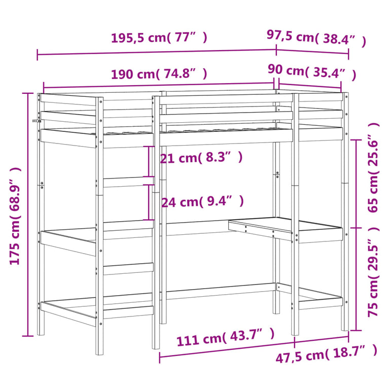 Hoogslaper met bureau massief grenenhout wit 90x190 cm