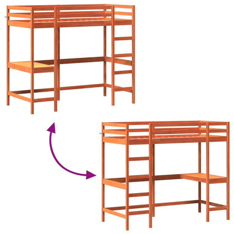 Hoogslaper met bureau massief grenenhout wasbruin 90x190 cm