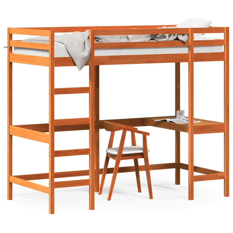 Hoogslaper met bureau massief grenenhout wasbruin 90x190 cm