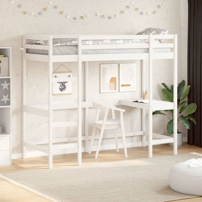 Hoogslaper met bureau massief grenenhout wit 75x190 cm