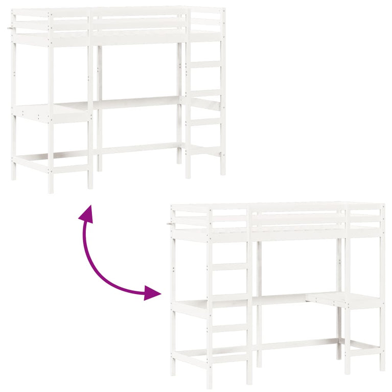 Hoogslaper met bureau massief grenenhout wit 75x190 cm