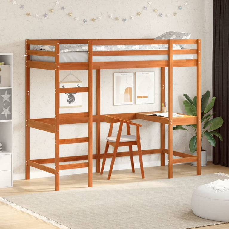 Hoogslaper met bureau massief grenenhout wasbruin 75x190 cm
