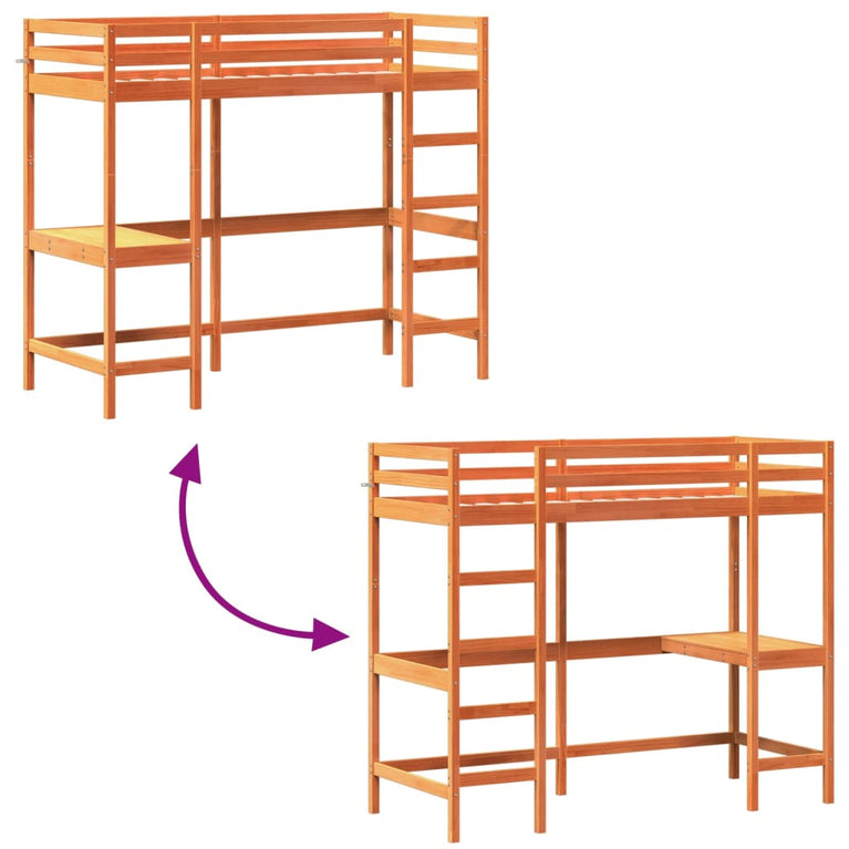 Hoogslaper met bureau massief grenenhout wasbruin 75x190 cm