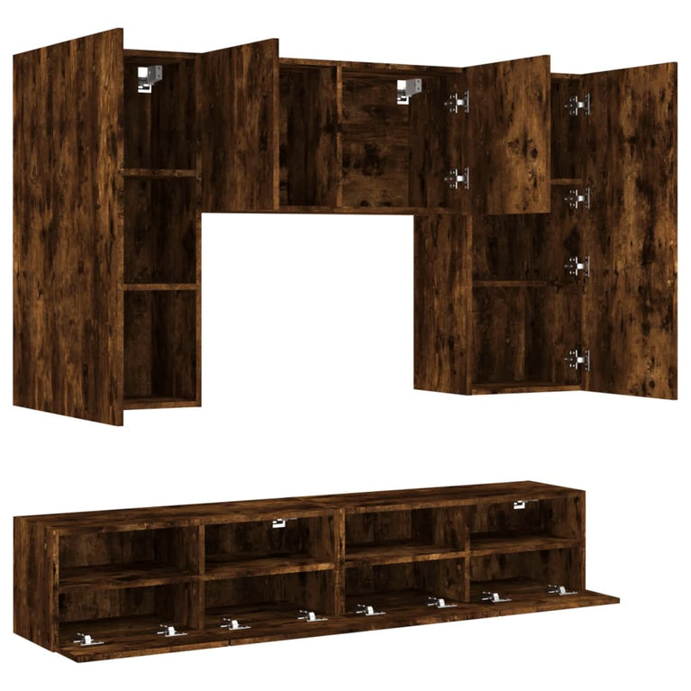 5-delige Tv-wandmeubelset bewerkt hout gerookt eikenkleurig