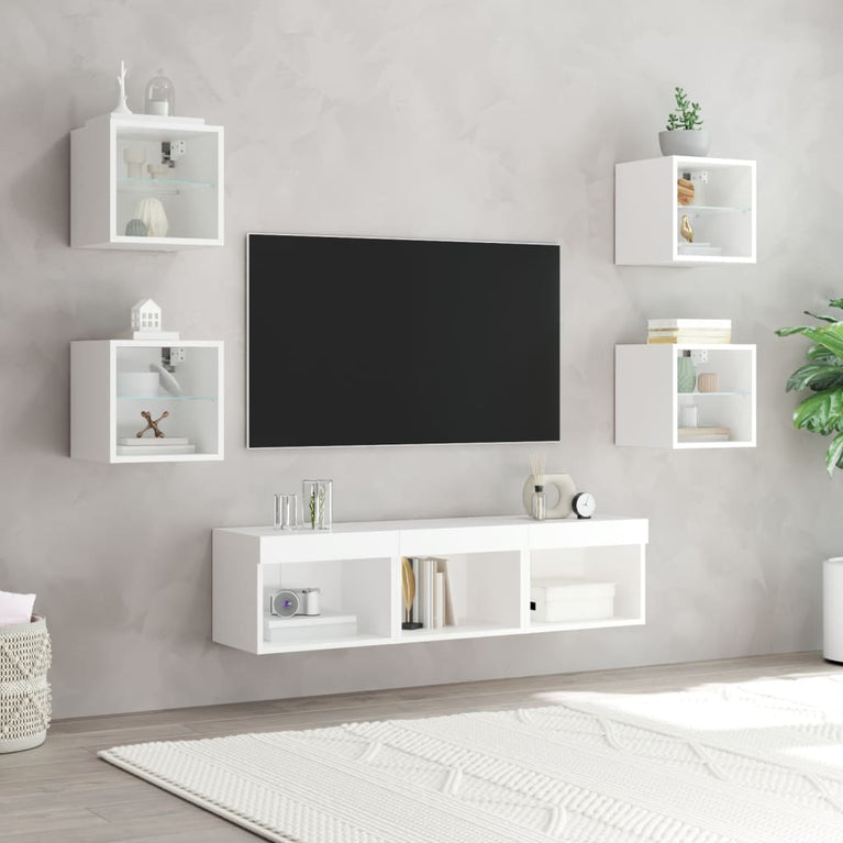 7-delige Tv-wandmeubelset met LED-verlichting bewerkt hout wit