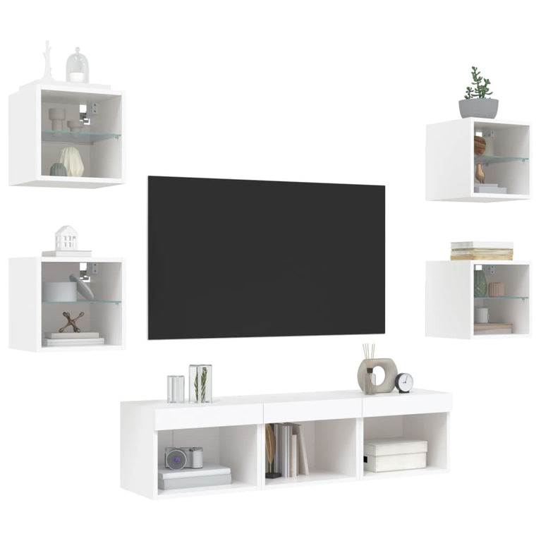 7-delige Tv-wandmeubelset met LED-verlichting bewerkt hout wit