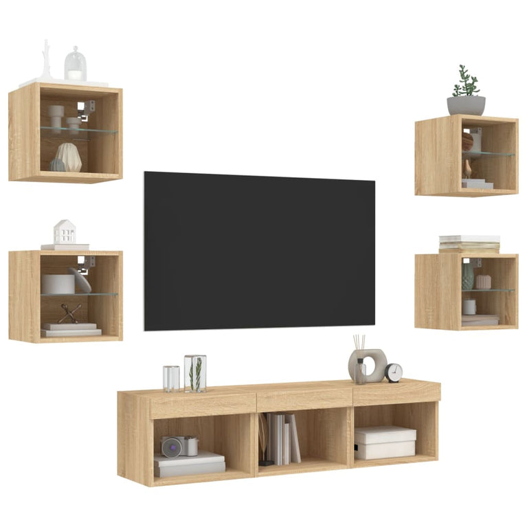 7-delige Tv-wandmeubelset met LED bewerkt hout sonoma eiken