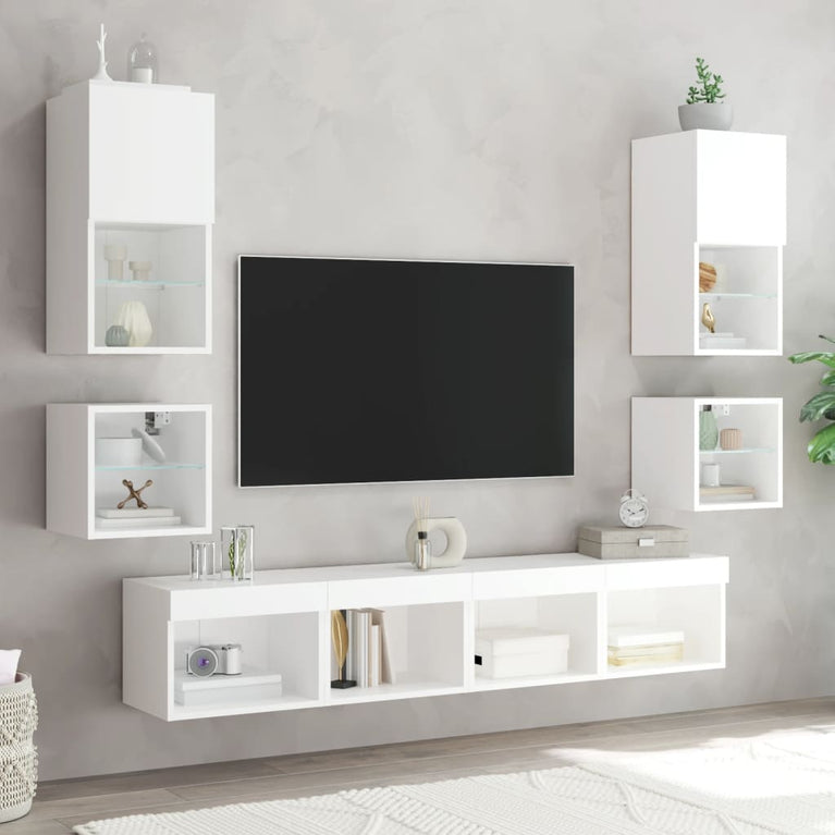 8-delige Tv-wandmeubelset met LED-verlichting bewerkt hout wit