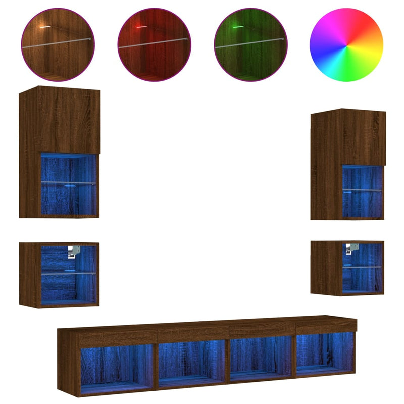 8-delige Tv-wandmeubelset met LED bewerkt hout bruineikenkleur