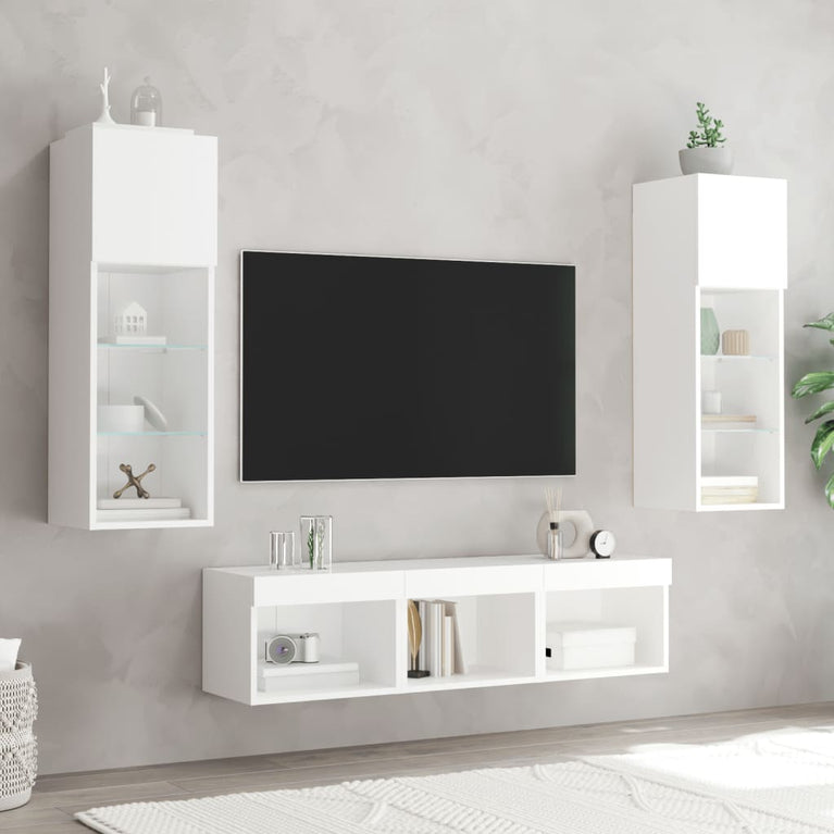 5-delige Tv-wandmeubelset met LED-verlichting bewerkt hout wit