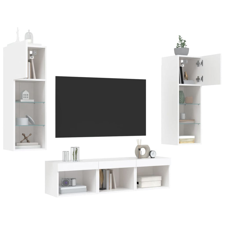 5-delige Tv-wandmeubelset met LED-verlichting bewerkt hout wit