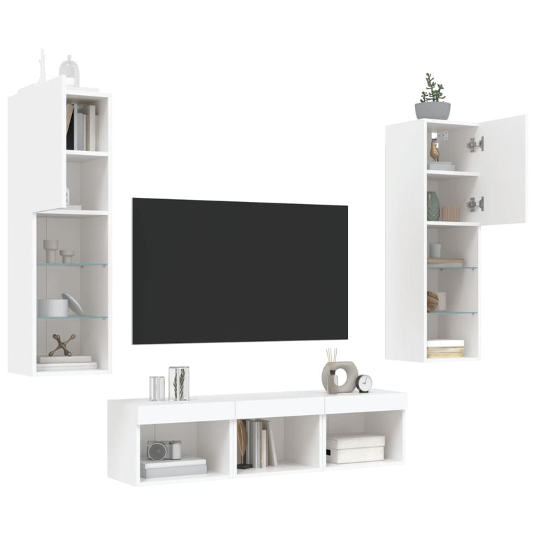 5-delige Tv-wandmeubelset met LED-verlichting bewerkt hout wit