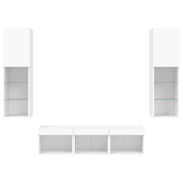 5-delige Tv-wandmeubelset met LED-verlichting bewerkt hout wit
