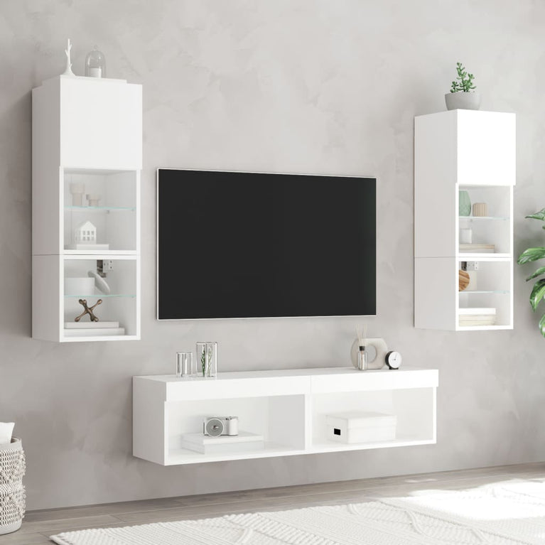 6-delige Tv-wandmeubelset met LED-verlichting bewerkt hout wit