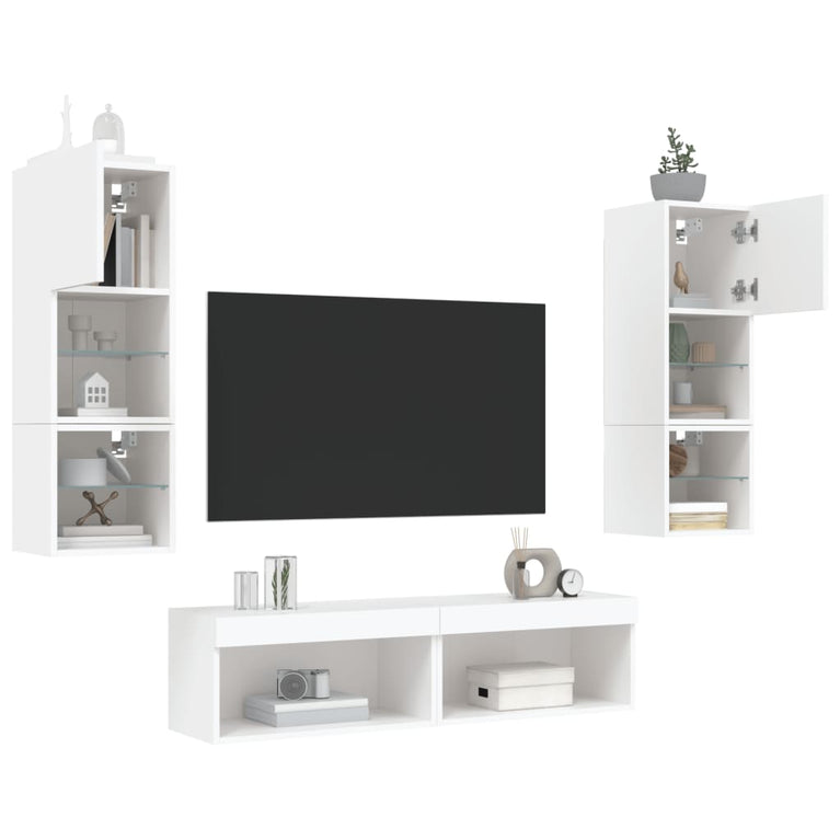 6-delige Tv-wandmeubelset met LED-verlichting bewerkt hout wit