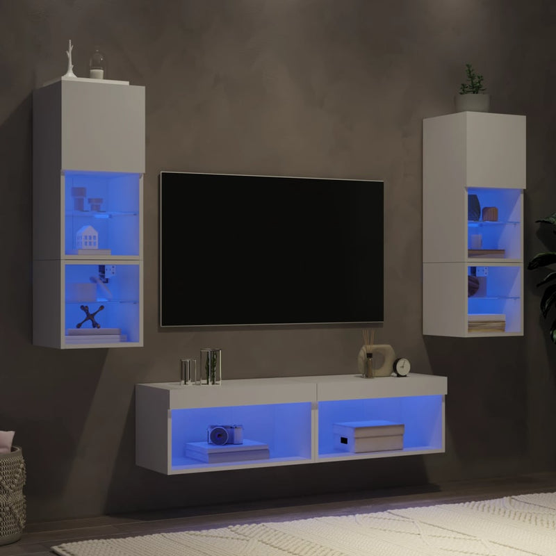 6-delige Tv-wandmeubelset met LED-verlichting bewerkt hout wit