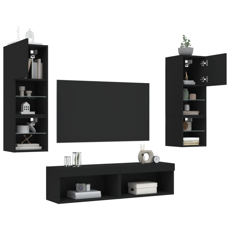 6-delige Tv-wandmeubelset met LED bewerkt hout zwart