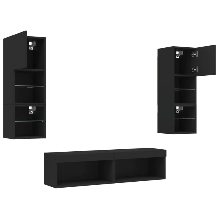 6-delige Tv-wandmeubelset met LED bewerkt hout zwart