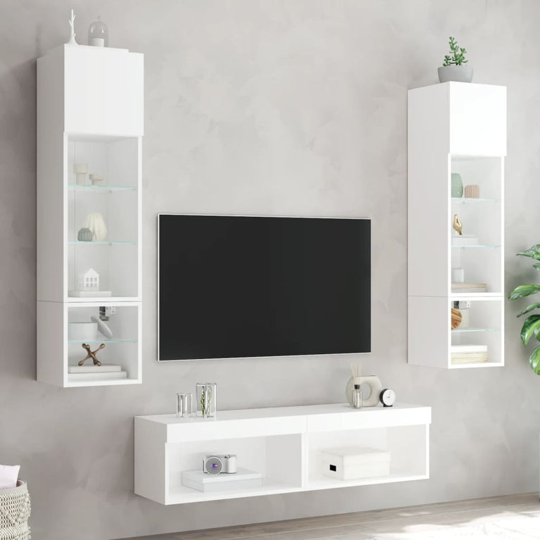 6-delige Tv-wandmeubelset met LED-verlichting bewerkt hout wit