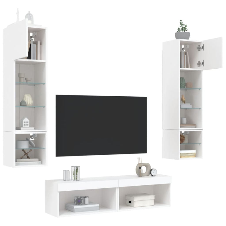 6-delige Tv-wandmeubelset met LED-verlichting bewerkt hout wit