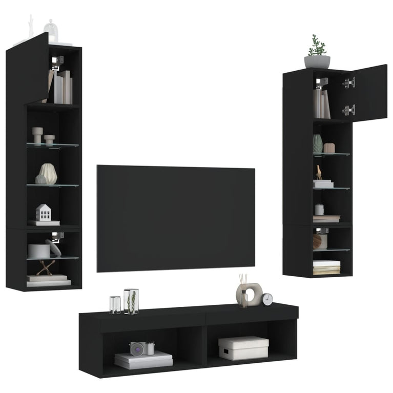 6-delige Tv-wandmeubelset met LED bewerkt hout zwart