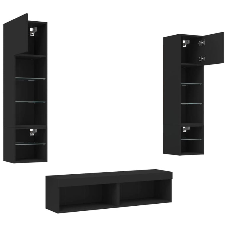 6-delige Tv-wandmeubelset met LED bewerkt hout zwart